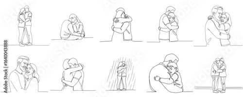 Set of 10  hugging profile SVG icons, one line style, minimal outline, transparent background