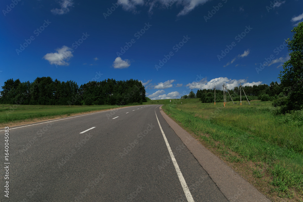 Naklejka premium The road on a summer day. Beautiful landscape, road markings, roadsides and road lines.