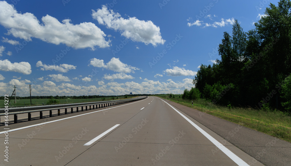 Fototapeta premium Road view on a summer day. Highways and bridge, roadside and white road line markings.