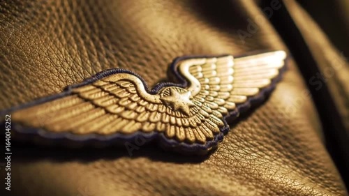 Golden Aviation Wings Badge on Leather Jacket