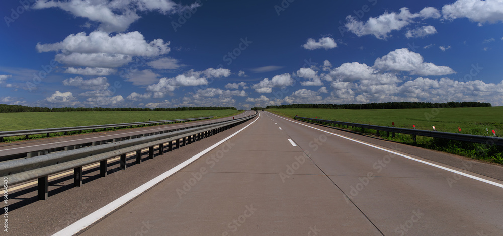 Fototapeta premium Road view on a summer day. Highways and cars, roadside and white road line markings.