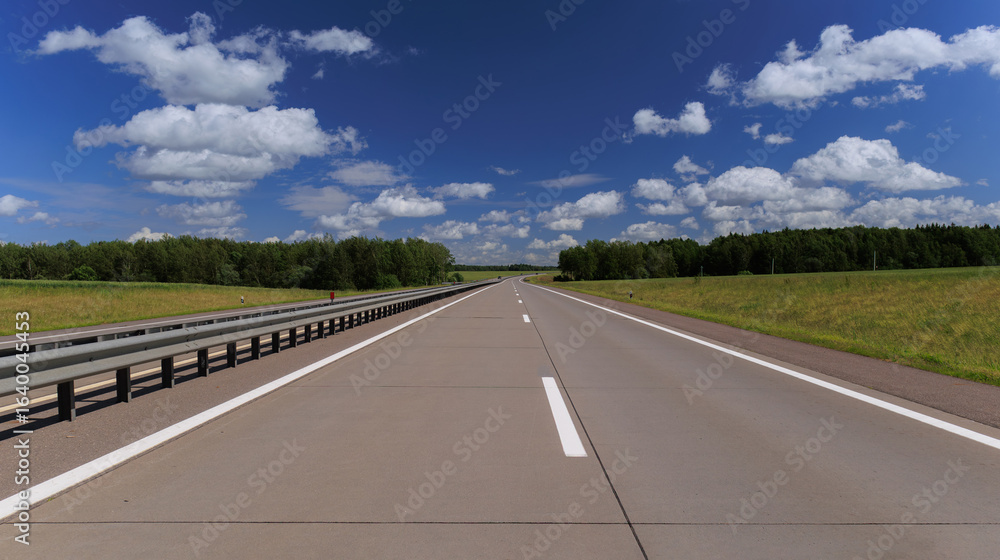 Fototapeta premium Road view on a summer day. Highways and cars, roadside and white road line markings.