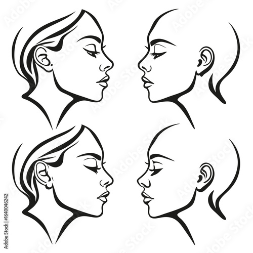 Elegant Woman Profile Line Art Illustration for Beauty Fashion Design and Hairstyling Concepts Featuring Different Hair Styles and Hairlines