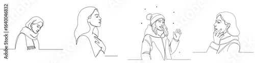 Set of 4 female winter profile SVG icons, one line style, transparent background, cut-out