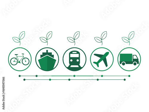 A clean vector illustration of a green transport network, featuring icons for sustainable logistics like bike, ship, train, plane, and truck