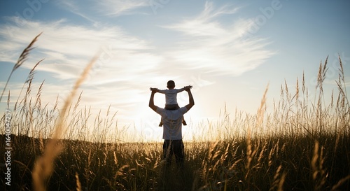 Father Carrying Child on Shoulders Silhouetted Against Sunset in Field of Tall Grass  Family Bonding Moment Stock Photo