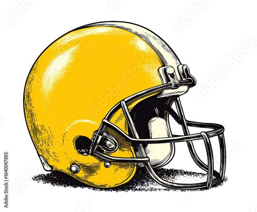 Yellow football helmet, side view.  Detailed graphic design