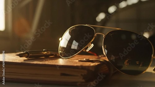 Aviator Sunglasses and Pen Resting on Aged Leather Journal