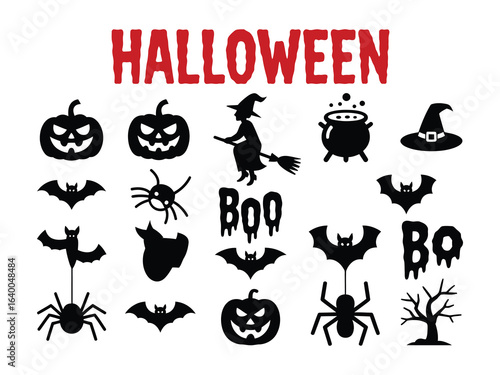 Spooky Halloween Icons with Bats, Pumpkins, Witch, and More – Vector Illustration