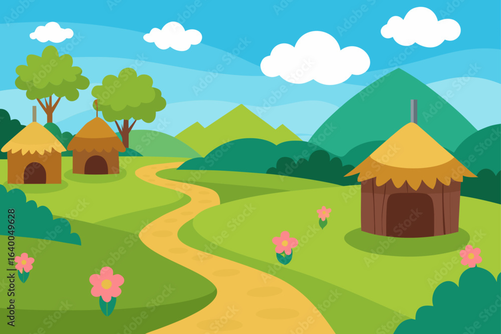 Fototapeta premium A colorful cartoon illustration of a country landscape with a house, trees, and hills under a bright summer sky