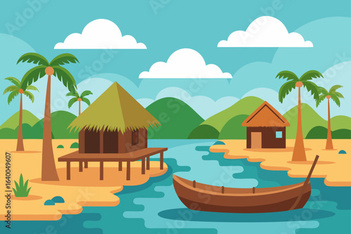 Tropical seascape illustration with a boat on the water near a palm tree on a sandy beach