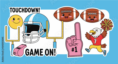 Cute cartoon American football sticker collection with kawaii characters and game elements