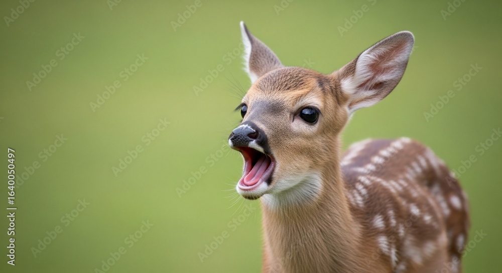 Obraz premium Close-up of a Baby Deer with Open Mouth in a Green Setting