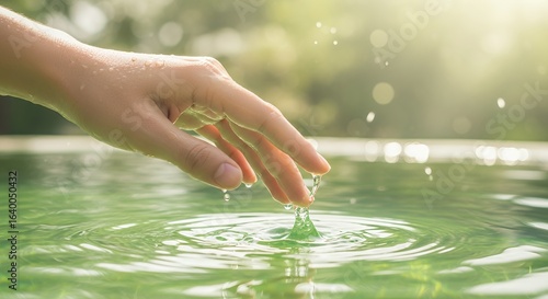 Hand Dropping Water into Clear Pool or Lake  Refreshing Splash of Clean Water Stock Photo for Wellness and Nature Themes