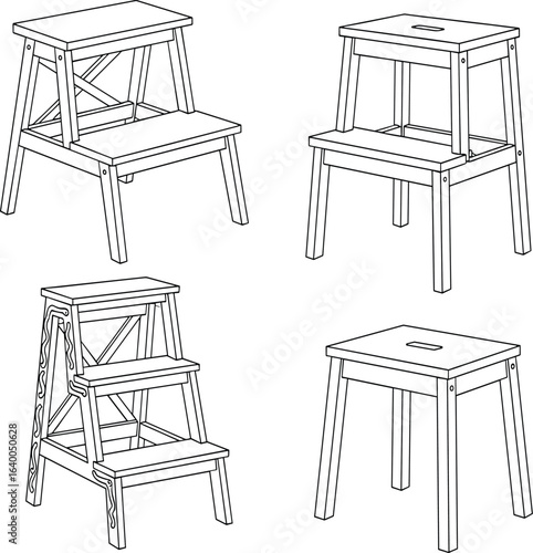Step stool line drawings, minimalist furniture sketches, wooden step designs, ladder illustrations, home utility stools, DIY stool concepts, ergonomic