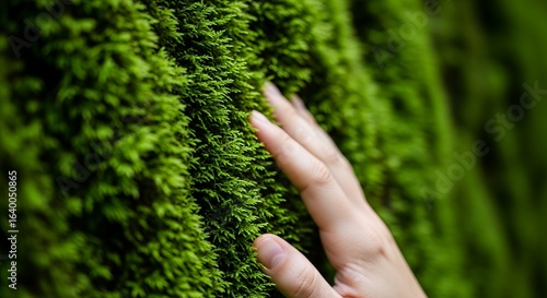Hand Touching Lush Green Moss Wall CloseUp Nature Texture Background Sustainable Living Eco Friendly Design Element