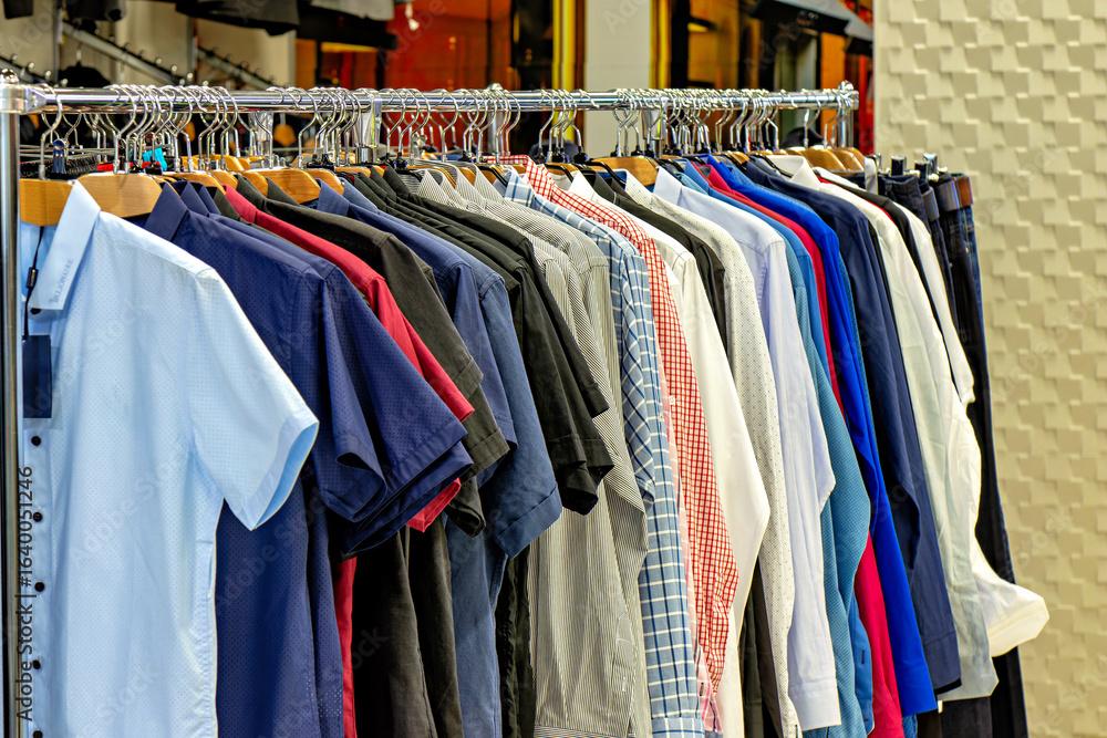 Fototapeta premium This image shows a rack of shirts in a store