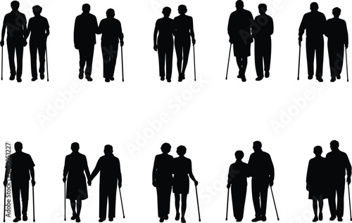 Elderly couples silhouette walking together, seniors with canes, aging people in love, retirement lifestyle, healthcare, support and companionship