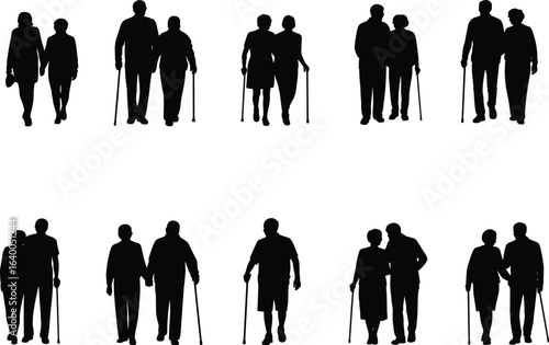 Elderly couples walking together, senior citizens with canes, silhouette of aging people, old age love, retirement lifestyle image