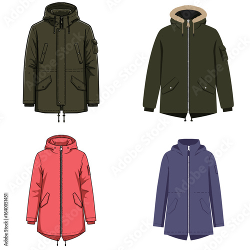Illustrated parka coats in various colors and styles for fashion design, white background, isolated, vector      