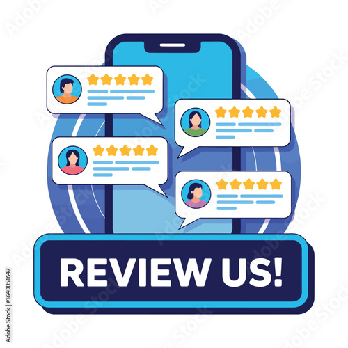 Review Us! Customer Feedback and Rating Concept with Mobile Phone and Star Ratings for Business Growth