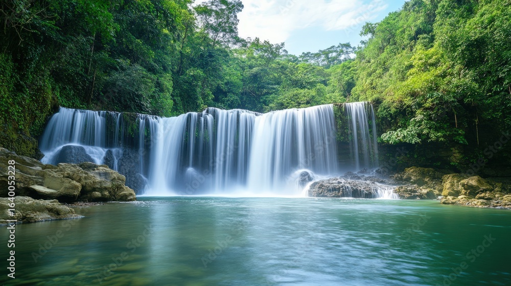 Serene waterfall cascading into a tranquil pool. Serene waterfall cascading into a tranquil pool.
