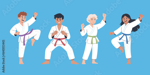 Multiracial Karate Kids Wearing Kimonos Practicing Martial Arts, Diverse Children in Action Poses, Flat Design Style for Sports and Education Themes