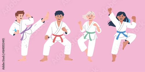 Multiracial Karate Kids Wearing Kimonos Practicing Martial Arts, Diverse Children in Action Poses, Flat Design Style for Sports and Education Themes