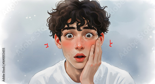  Artistic digital portrait of a young man with curly hair, wearing headphones, against a soft blue watercolor background