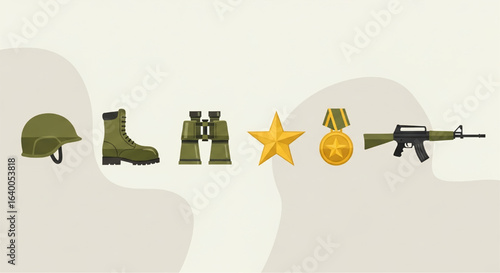 Military Arsenal: A curated selection of military equipment and insignia, including a helmet, boot, binoculars, star, medal, and rifle, symbolizing strength, service, and honor.