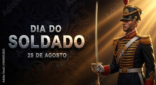 Brazilian Soldier's Day Commemoration: A striking illustration featuring a proud soldier, adorned in historical uniform, poised with a saber.