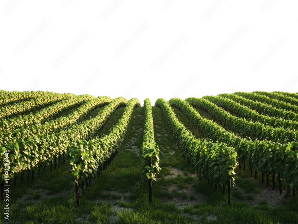 Fototapeta premium Lush vineyard across gentle slopes, isolated on white background
