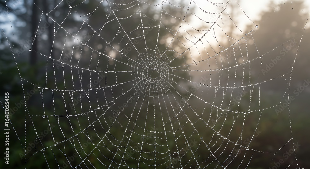Naklejka premium Intricate spider web with dew drops in soft forest background