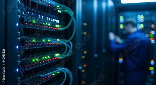 A technician works on a server rack illuminated by colorful lights, showcasing a high-tech data center environment.