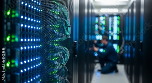 A technician works in a data center, surrounded by server racks illuminated by blue and green lights, showcasing a modern technological environment.