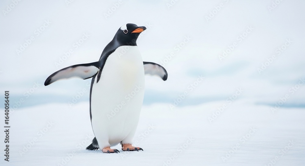 Obraz premium A solitary Gentoo penguin stands with outstretched wings on a vast, white snowy plain.