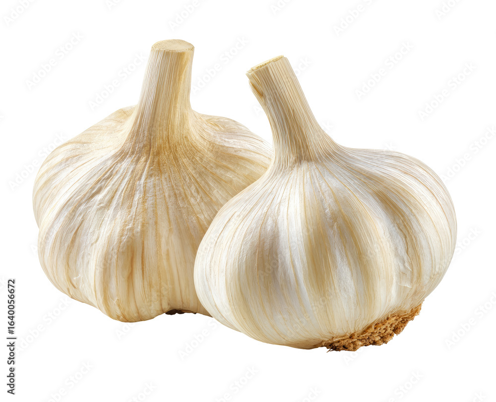 Obraz premium Two whole heads of garlic, light beige color, close-up, isolated on black