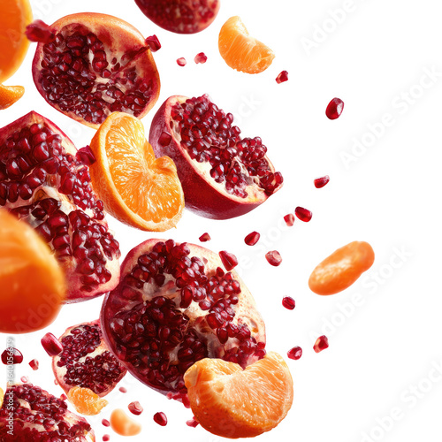 Pomegranate and mandarin segments levitate against black background, food photography, healthy eating