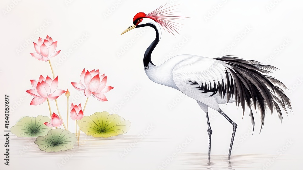 Fototapeta premium Elegant Crane Standing Near Beautiful Blooming Lotus Flowers