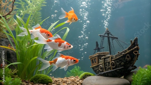 Vibrant goldfish swim gracefully past a sunken pirate shipwreck in a lushly planted aquarium