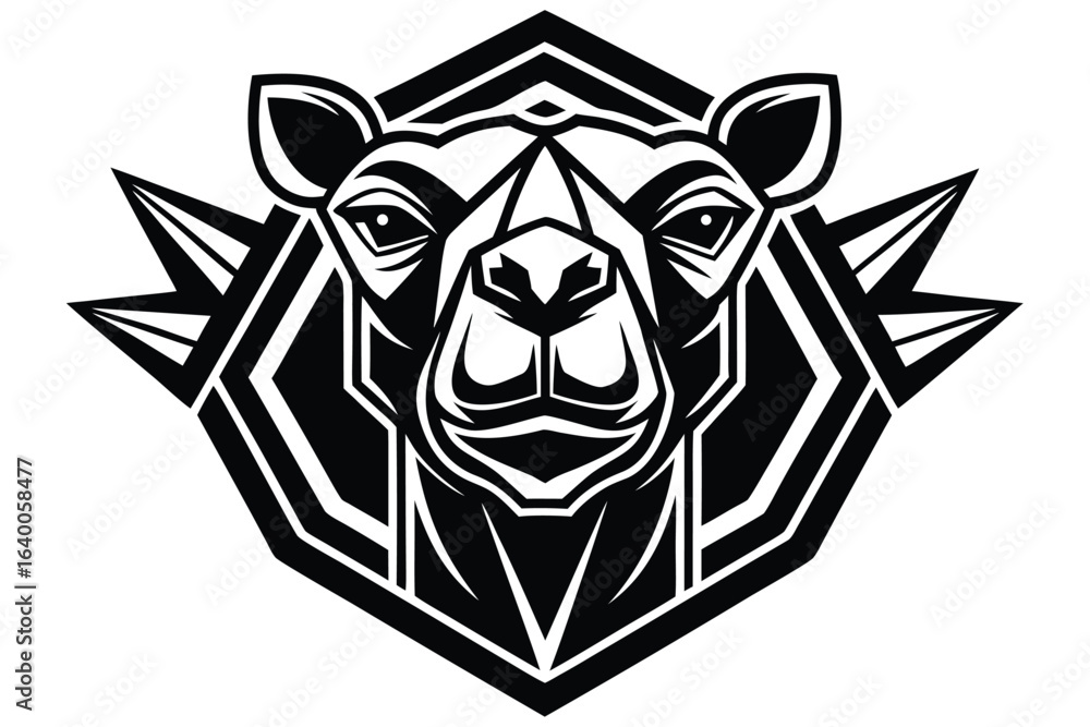 Obraz premium Stylized camel head emerges from geometric black and white tribal decoration