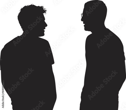 Silhouette of two men talking face to face, communication, conversation, discussion, interaction, social exchange, meeting, casual dialogue, people illustration
