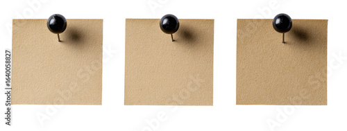 Three blank kraft paper notes with black push pins