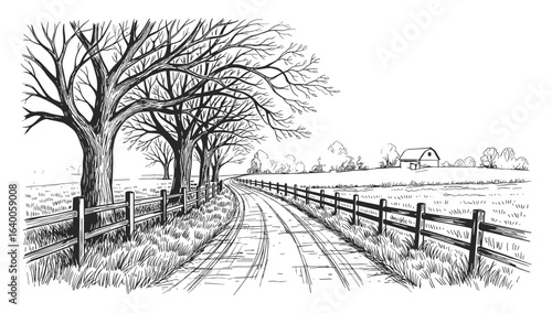 A rustic dirt road lined with bare trees and a wooden fence leading to a distant farmhouse in a rural landscape silhouette