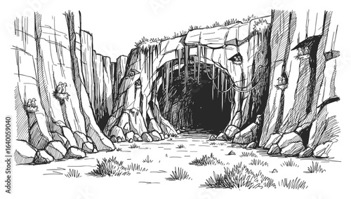 Dramatic entrance to a dark cave or cavern set within towering rugged canyon walls in a detailed black and white sketch silhouette