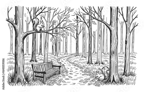 A solitary wooden park bench sits on a leaf strewn path winding through a dense forest with bare trees in silhouette