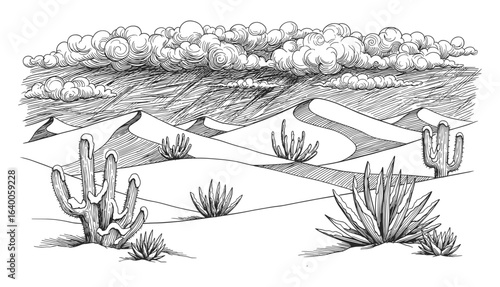 Detailed black and white pen and ink drawing of a desert landscape with rolling hills and various cacti in a distinctive silhouette style