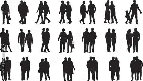Silhouettes of diverse couples walking and standing together in casual poses — friendship, love, relationships, togetherness, LGBTQ, everyday life