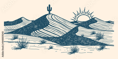Stylized illustration of a desert landscape at sunrise with rolling sand dunes and a lone saguaro cactus in silhouette