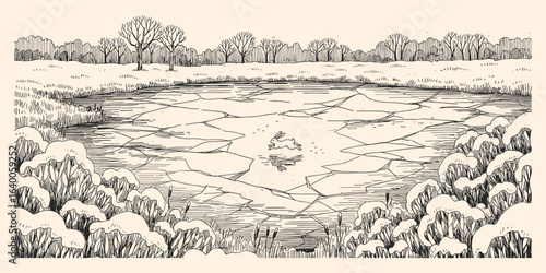 A cracked dry lake bed with sparse vegetation and trees in the background depicted in a distinctive silhouette style